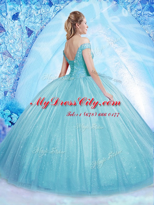 Classical Off the Shoulder Floor Length Aqua Blue 15th Birthday Dress Tulle Sleeveless Beading