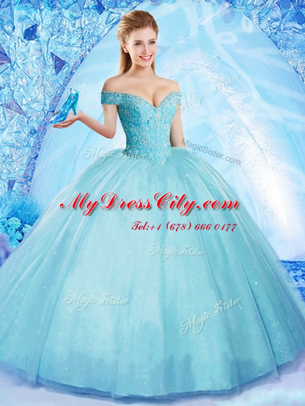 Classical Off the Shoulder Floor Length Aqua Blue 15th Birthday Dress Tulle Sleeveless Beading