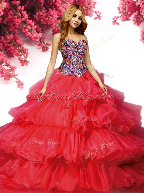 Noble Organza Sweetheart Sleeveless Brush Train Lace Up Beading and Ruffled Layers Quince Ball Gowns in Red