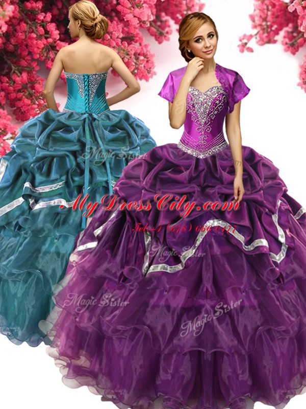 Sumptuous Sleeveless Floor Length Beading and Ruffles and Pick Ups Lace Up Quince Ball Gowns with Dark Purple