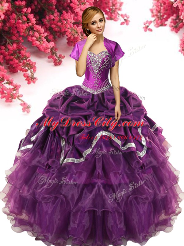 Sumptuous Sleeveless Floor Length Beading and Ruffles and Pick Ups Lace Up Quince Ball Gowns with Dark Purple