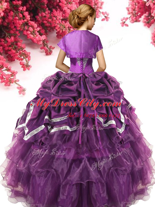 Sumptuous Sleeveless Floor Length Beading and Ruffles and Pick Ups Lace Up Quince Ball Gowns with Dark Purple