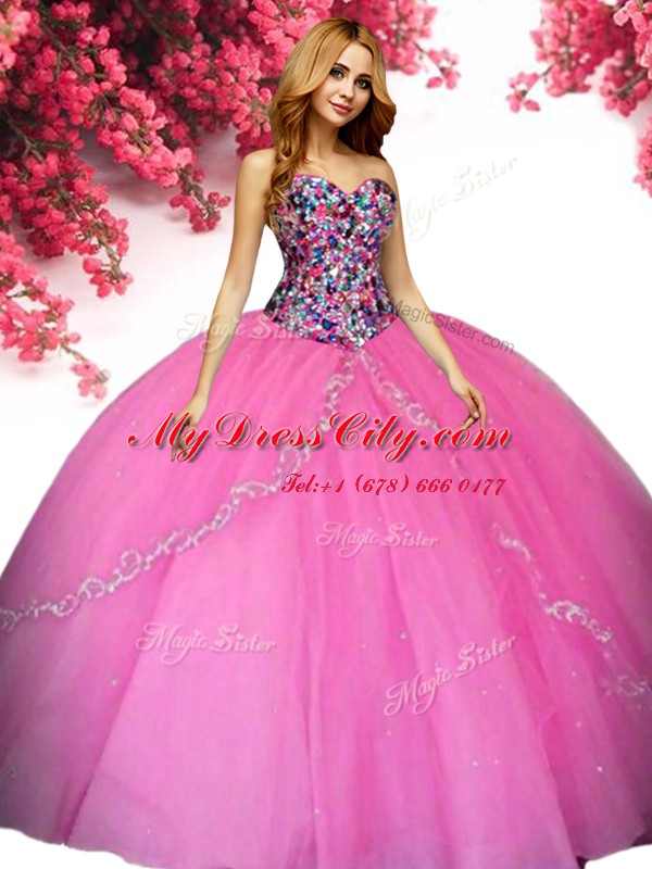 Hot Pink Sleeveless Tulle Lace Up 15 Quinceanera Dress for Military Ball and Sweet 16 and Quinceanera