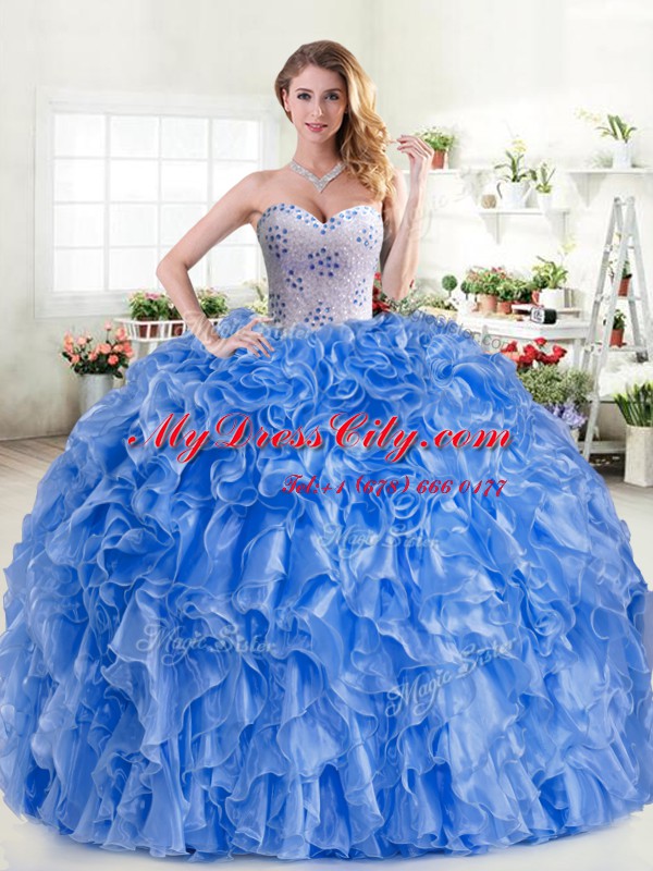 Beauteous Blue Lace Up Sweetheart Beading and Ruffles Vestidos de Quinceanera Organza Sleeveless