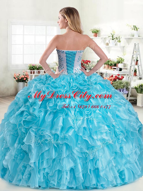 Beauteous Blue Lace Up Sweetheart Beading and Ruffles Vestidos de Quinceanera Organza Sleeveless