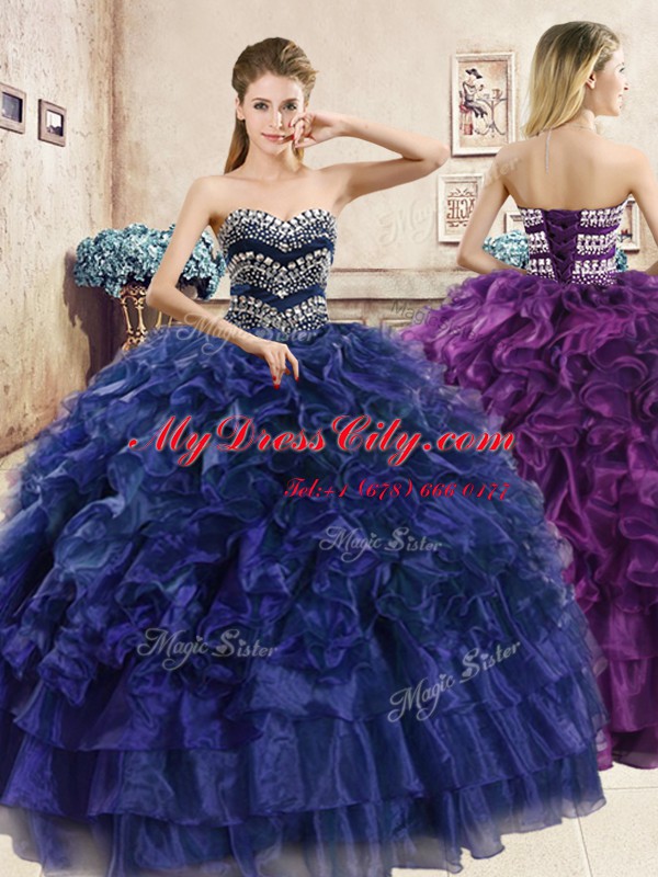 Enchanting Navy Blue Sleeveless Organza Lace Up Quinceanera Gown for Military Ball and Sweet 16 and Quinceanera