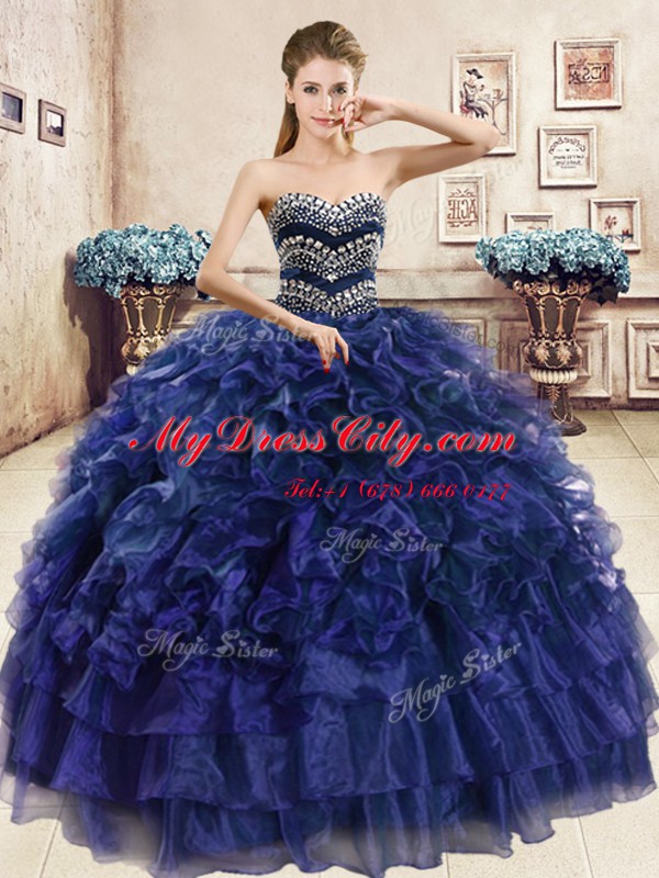 Enchanting Navy Blue Sleeveless Organza Lace Up Quinceanera Gown for Military Ball and Sweet 16 and Quinceanera