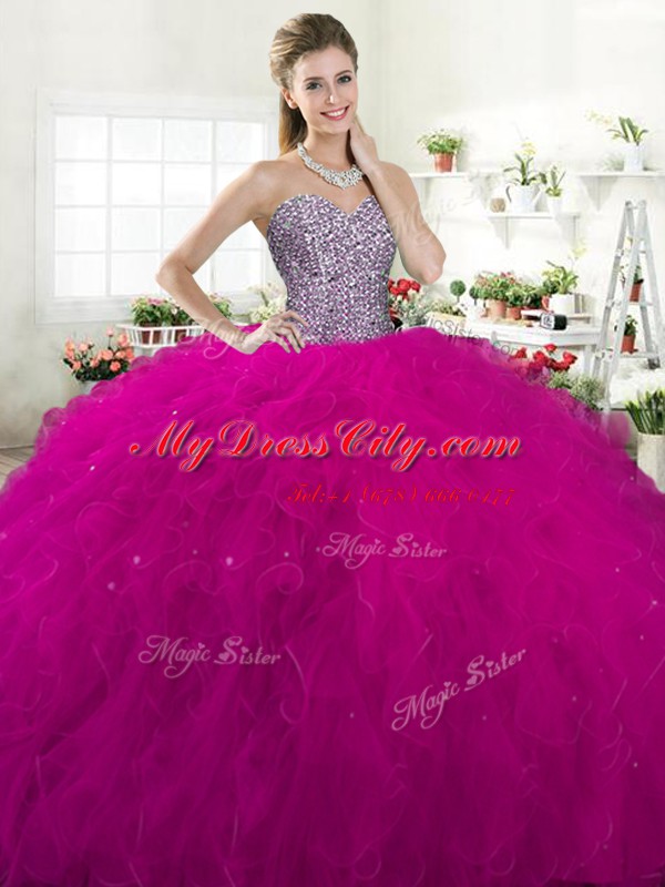 Floor Length Ball Gowns Sleeveless Fuchsia Sweet 16 Dresses Lace Up