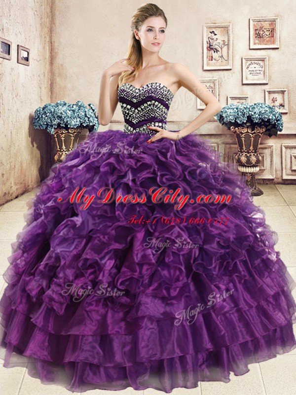 Purple Sleeveless Beading and Ruffles Floor Length Quinceanera Gown