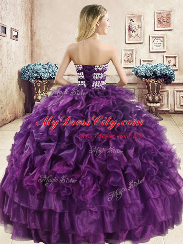 Purple Sleeveless Beading and Ruffles Floor Length Quinceanera Gown