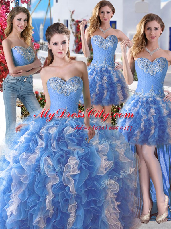 Four Piece Floor Length Ball Gowns Sleeveless Blue And White Sweet 16 Quinceanera Dress Lace Up