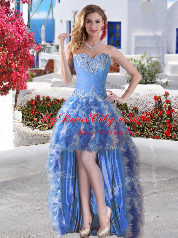 Four Piece Floor Length Ball Gowns Sleeveless Blue And White Sweet 16 Quinceanera Dress Lace Up