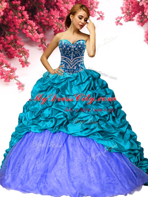 Custom Made Teal Ball Gowns Sweetheart Sleeveless Taffeta Brush Train Lace Up Beading and Pick Ups Sweet 16 Dress