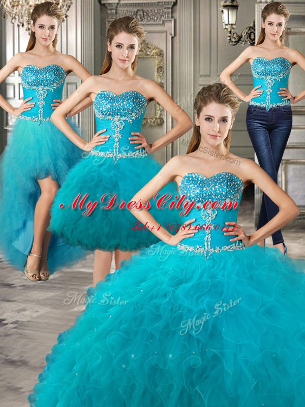 Trendy Four Piece Sweetheart Sleeveless Quinceanera Dress Floor Length Beading and Ruffles Teal Tulle