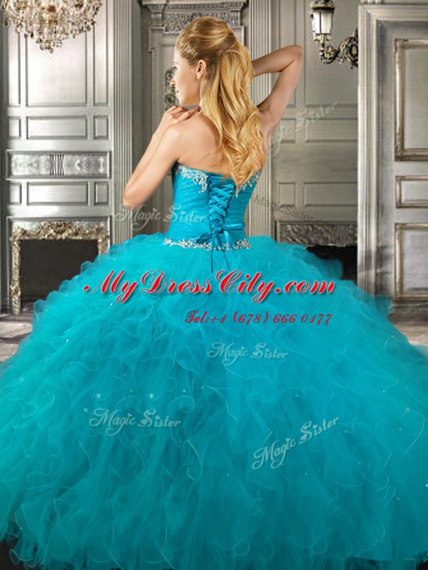 Trendy Four Piece Sweetheart Sleeveless Quinceanera Dress Floor Length Beading and Ruffles Teal Tulle