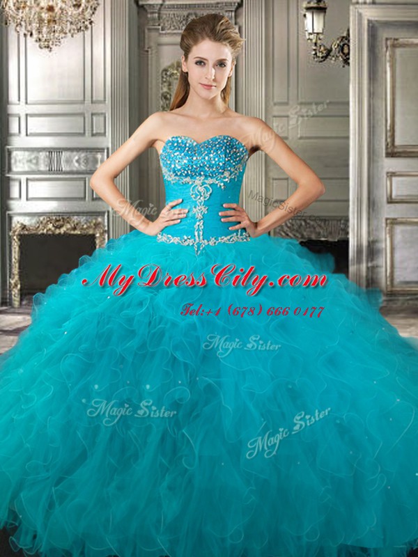 Trendy Four Piece Sweetheart Sleeveless Quinceanera Dress Floor Length Beading and Ruffles Teal Tulle