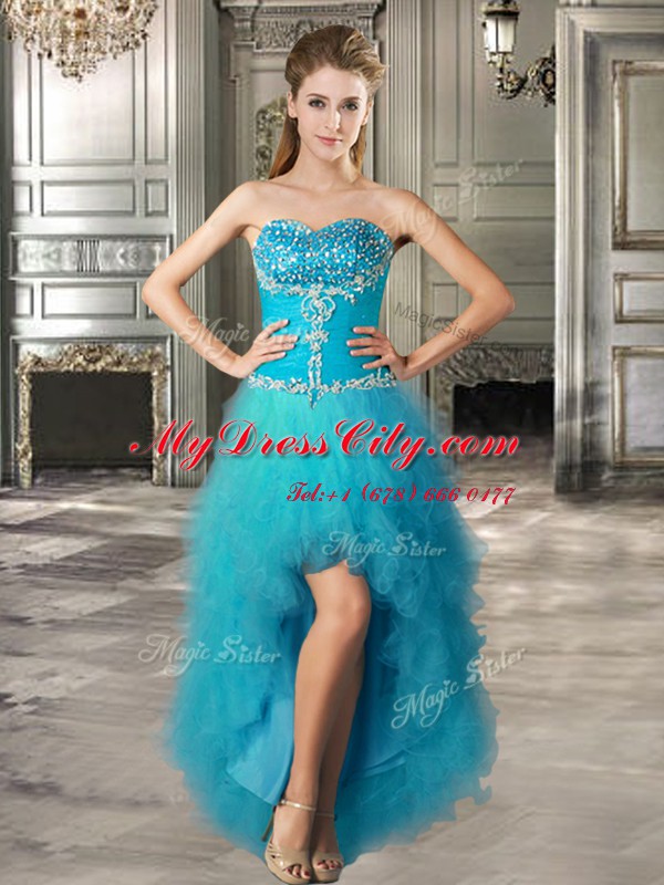 Trendy Four Piece Sweetheart Sleeveless Quinceanera Dress Floor Length Beading and Ruffles Teal Tulle