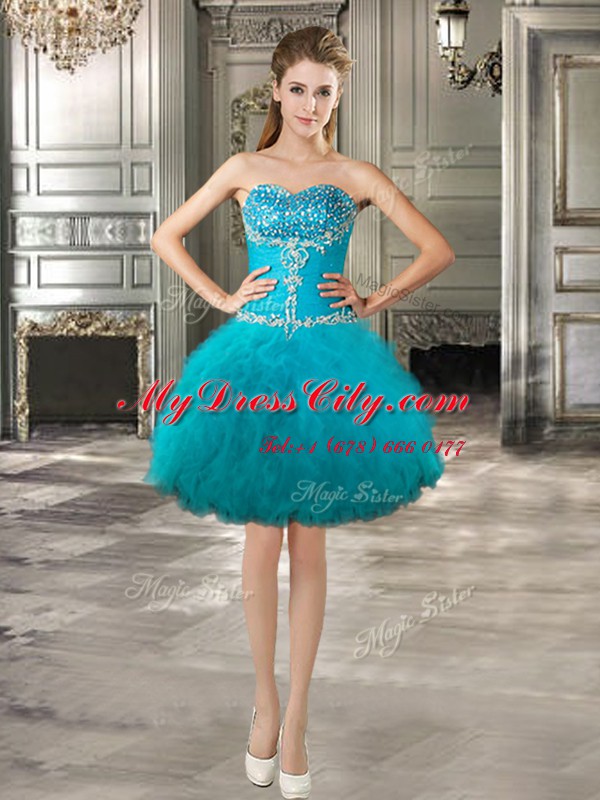 Trendy Four Piece Sweetheart Sleeveless Quinceanera Dress Floor Length Beading and Ruffles Teal Tulle