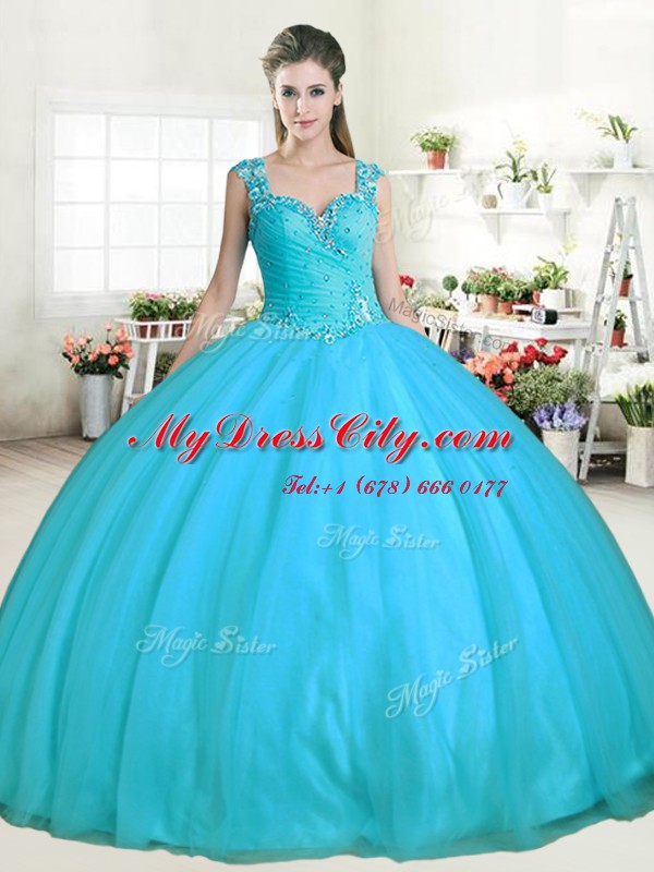 Low Price Straps Aqua Blue Sleeveless Floor Length Beading Zipper Vestidos de Quinceanera