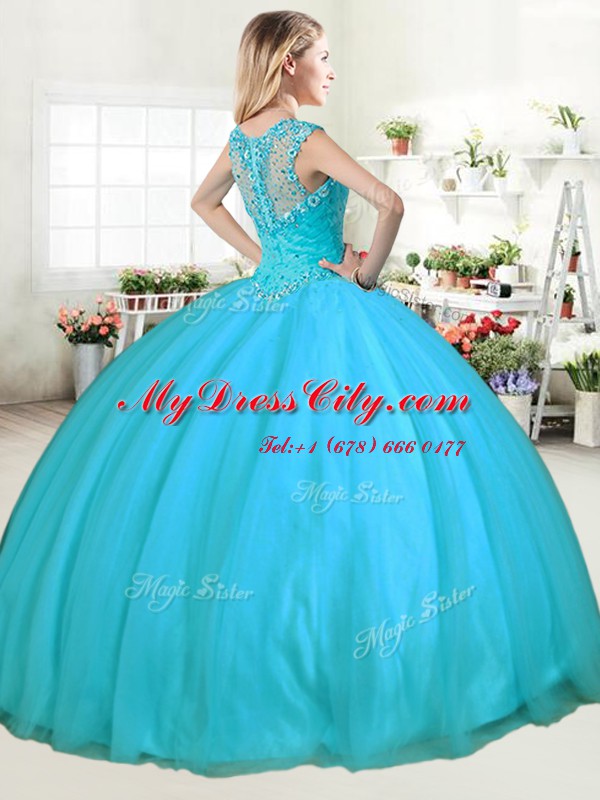 Low Price Straps Aqua Blue Sleeveless Floor Length Beading Zipper Vestidos de Quinceanera