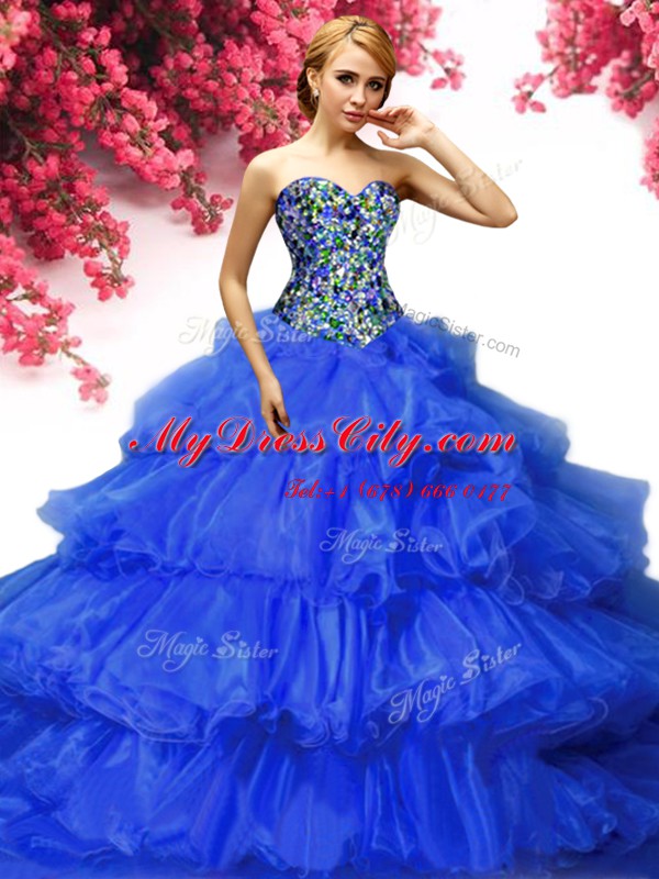 Royal Blue Sweetheart Neckline Beading and Ruffled Layers Quinceanera Dresses Sleeveless Lace Up