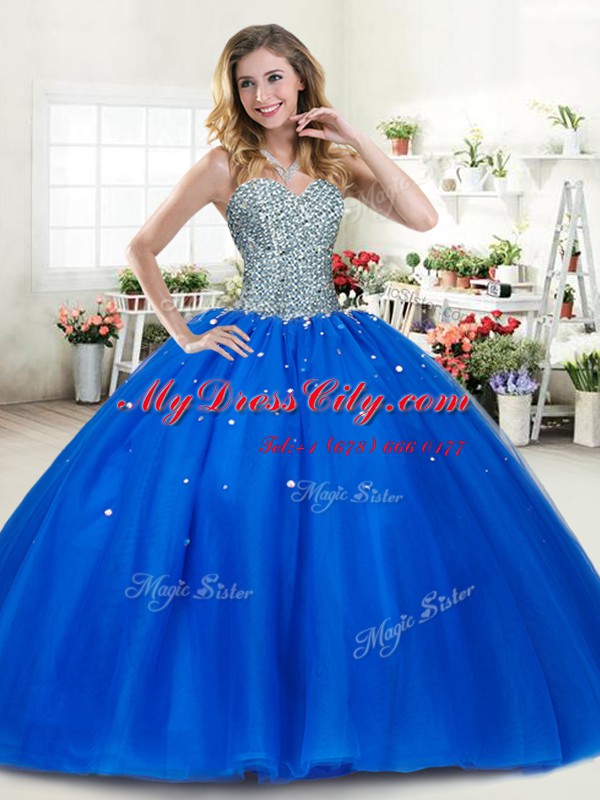 Elegant Beading Quinceanera Dresses Royal Blue Lace Up Sleeveless Floor Length