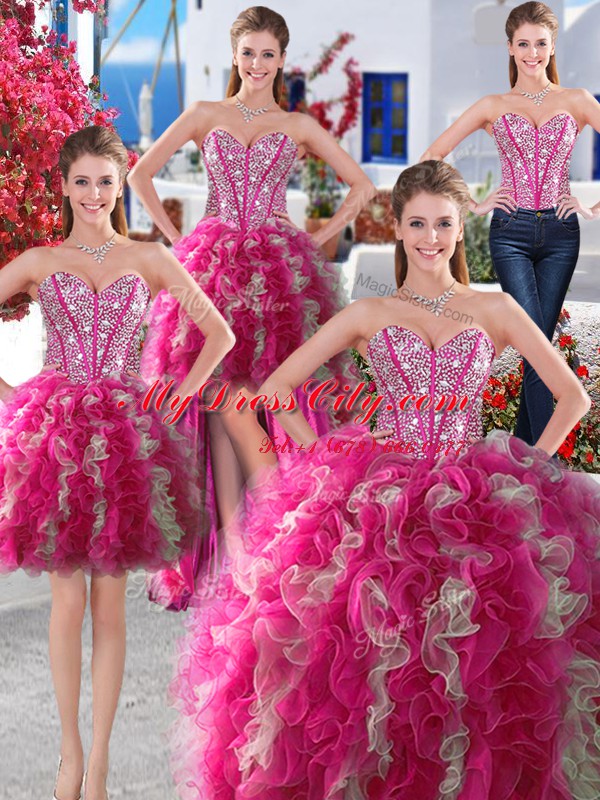 Four Piece White and Hot Pink Lace Up Sweetheart Beading Quinceanera Dresses Organza Sleeveless