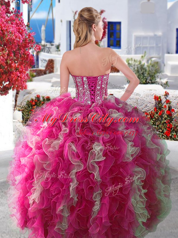 Four Piece White and Hot Pink Lace Up Sweetheart Beading Quinceanera Dresses Organza Sleeveless