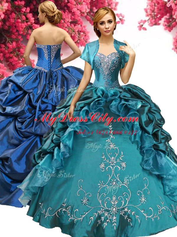 Cheap Pick Ups Teal Sleeveless Taffeta Lace Up Quince Ball Gowns for Military Ball and Sweet 16 and Quinceanera