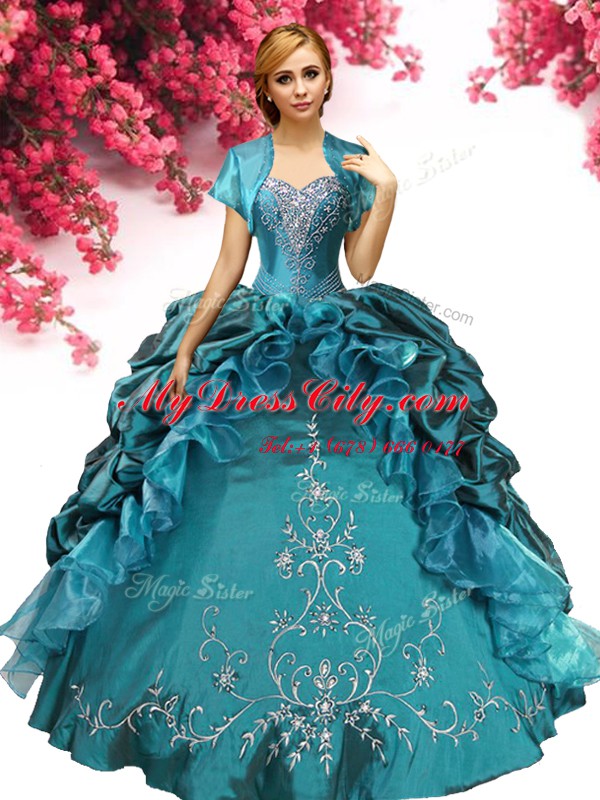 Cheap Pick Ups Teal Sleeveless Taffeta Lace Up Quince Ball Gowns for Military Ball and Sweet 16 and Quinceanera