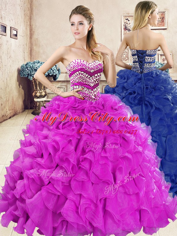 Flirting Fuchsia Ball Gowns Beading and Ruffles Vestidos de Quinceanera Lace Up Organza Sleeveless Floor Length