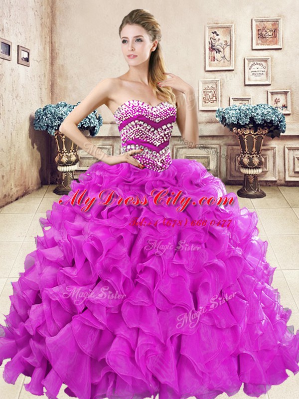 Flirting Fuchsia Ball Gowns Beading and Ruffles Vestidos de Quinceanera Lace Up Organza Sleeveless Floor Length