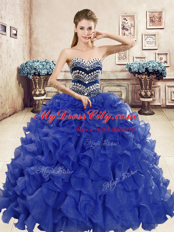 Flirting Fuchsia Ball Gowns Beading and Ruffles Vestidos de Quinceanera Lace Up Organza Sleeveless Floor Length