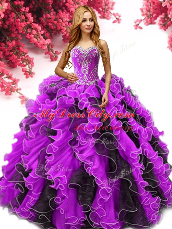 Traditional Sleeveless Beading and Ruffles Lace Up Quince Ball Gowns