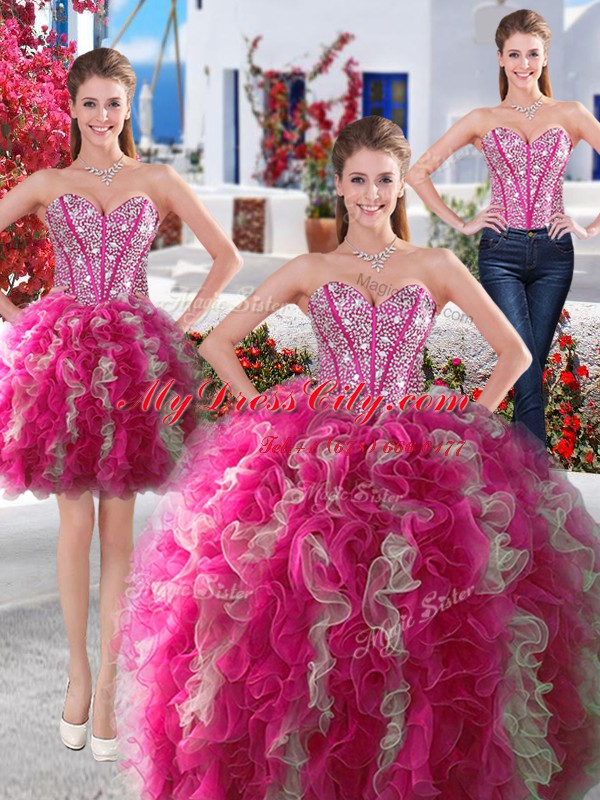 Customized Three Piece White and Hot Pink Sleeveless Beading Floor Length Sweet 16 Quinceanera Dress