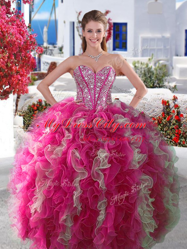 Customized Three Piece White and Hot Pink Sleeveless Beading Floor Length Sweet 16 Quinceanera Dress