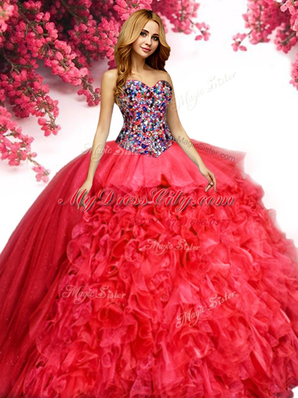 Customized Red Organza Lace Up Sweet 16 Dresses Sleeveless Floor Length Beading and Ruffles