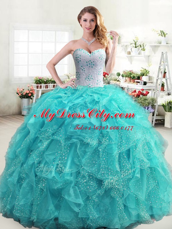 Floor Length Lace Up Quinceanera Gown Aqua Blue for Military Ball and Sweet 16 and Quinceanera with Beading and Ruffles