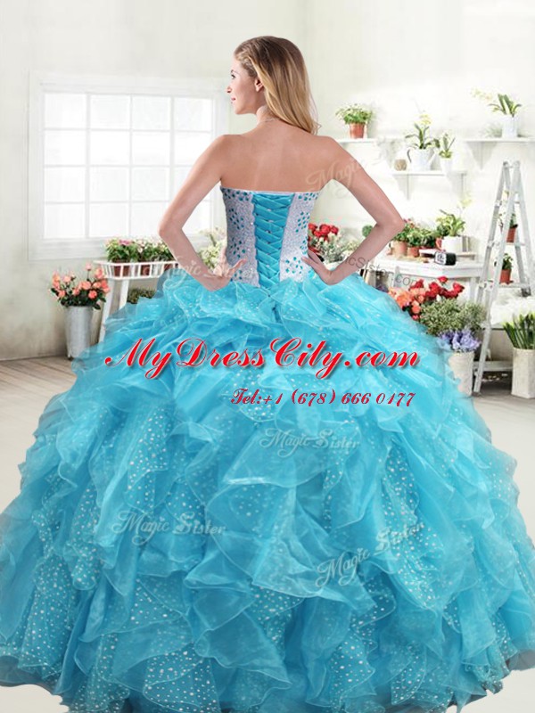 Floor Length Lace Up Quinceanera Gown Aqua Blue for Military Ball and Sweet 16 and Quinceanera with Beading and Ruffles