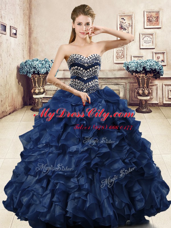 Vintage Navy Blue Sleeveless Organza Lace Up Sweet 16 Quinceanera Dress for Military Ball and Sweet 16 and Quinceanera