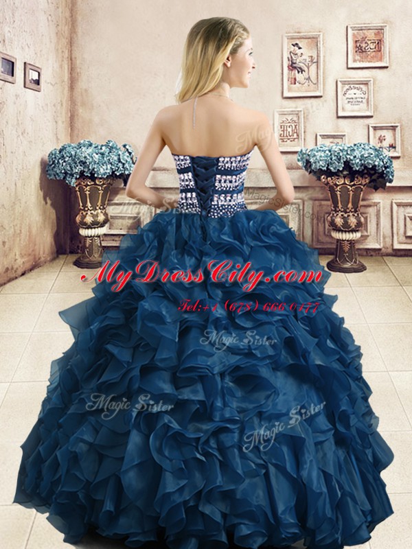 Vintage Navy Blue Sleeveless Organza Lace Up Sweet 16 Quinceanera Dress for Military Ball and Sweet 16 and Quinceanera