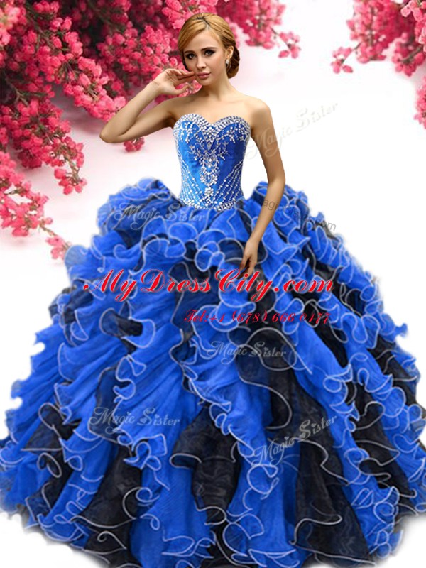 Extravagant Blue And Black Lace Up 15 Quinceanera Dress Beading and Ruffles Sleeveless