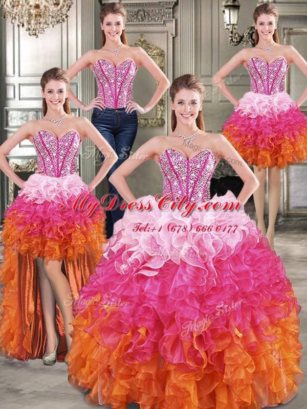 Fashion Four Piece Floor Length Lace Up Quinceanera Gowns Multi-color for Military Ball and Sweet 16 and Quinceanera with Beading