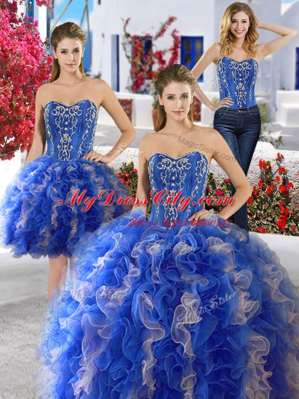 High Class Three Piece Organza Sweetheart Sleeveless Lace Up Beading 15th Birthday Dress in Blue