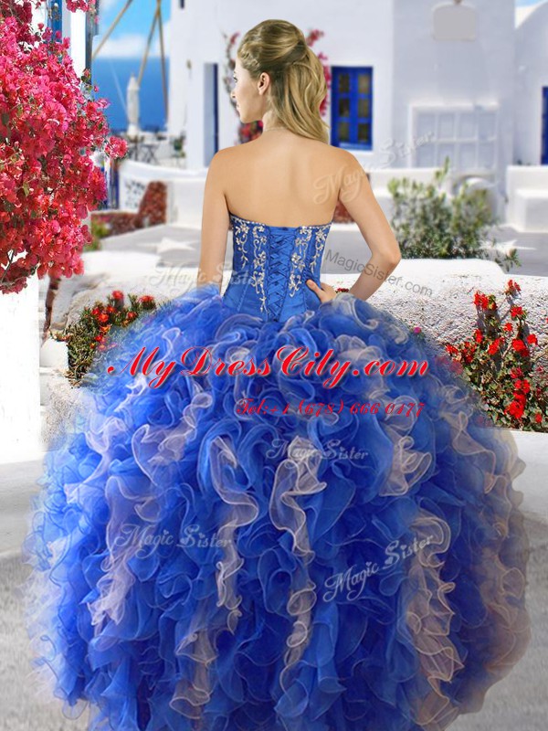 High Class Three Piece Organza Sweetheart Sleeveless Lace Up Beading 15th Birthday Dress in Blue