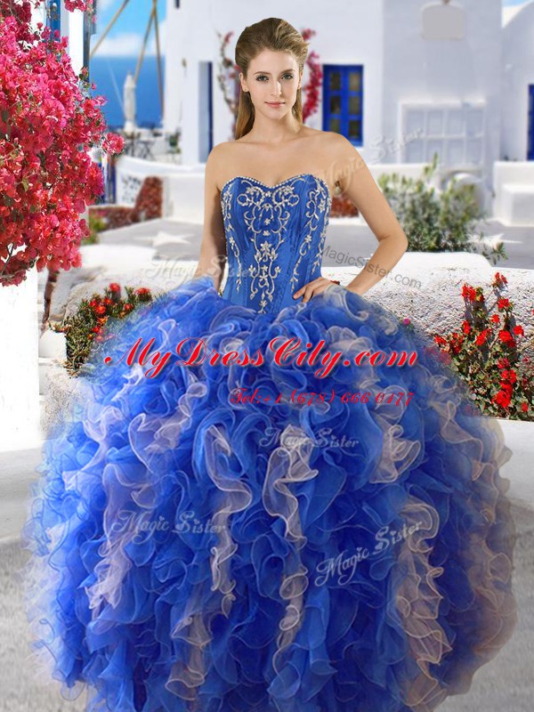 High Class Three Piece Organza Sweetheart Sleeveless Lace Up Beading 15th Birthday Dress in Blue