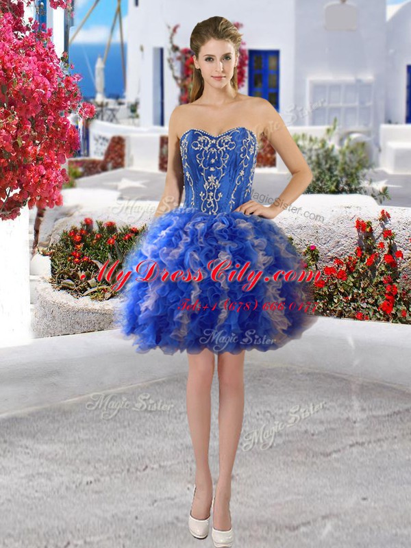 High Class Three Piece Organza Sweetheart Sleeveless Lace Up Beading 15th Birthday Dress in Blue