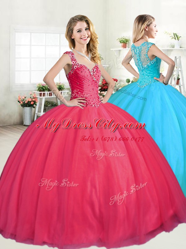 Sexy Straps Sleeveless Zipper Vestidos de Quinceanera Coral Red Tulle