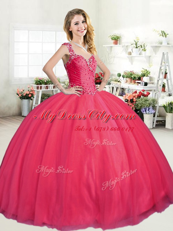 Sexy Straps Sleeveless Zipper Vestidos de Quinceanera Coral Red Tulle