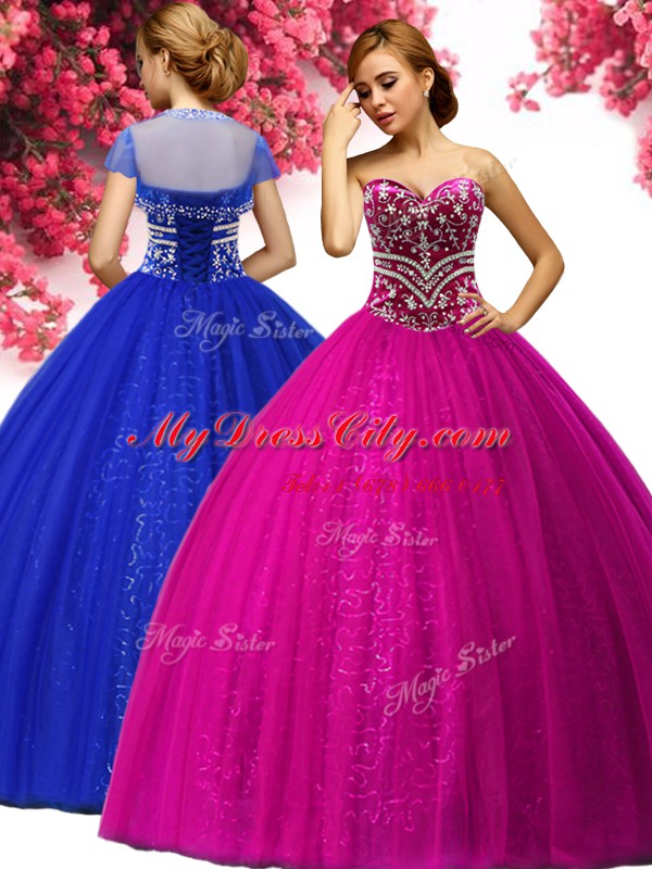 Pretty Fuchsia Sleeveless Tulle Lace Up Sweet 16 Dresses for Military Ball and Sweet 16 and Quinceanera